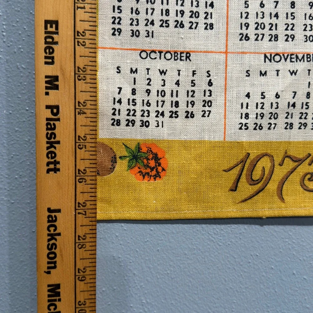 Vintage 1973 Linen Calendar Tea Towel Wall Hanging Harvest Fruit Kitchen Decor